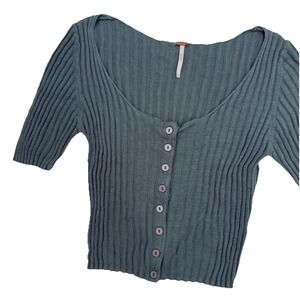 Free People Little Cutie Turquoise Button Down Crop Top Ribbed‎ Size Medium